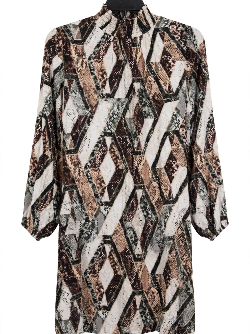 Printed Geometric Long-Sleeve Dress in Neutral Mix